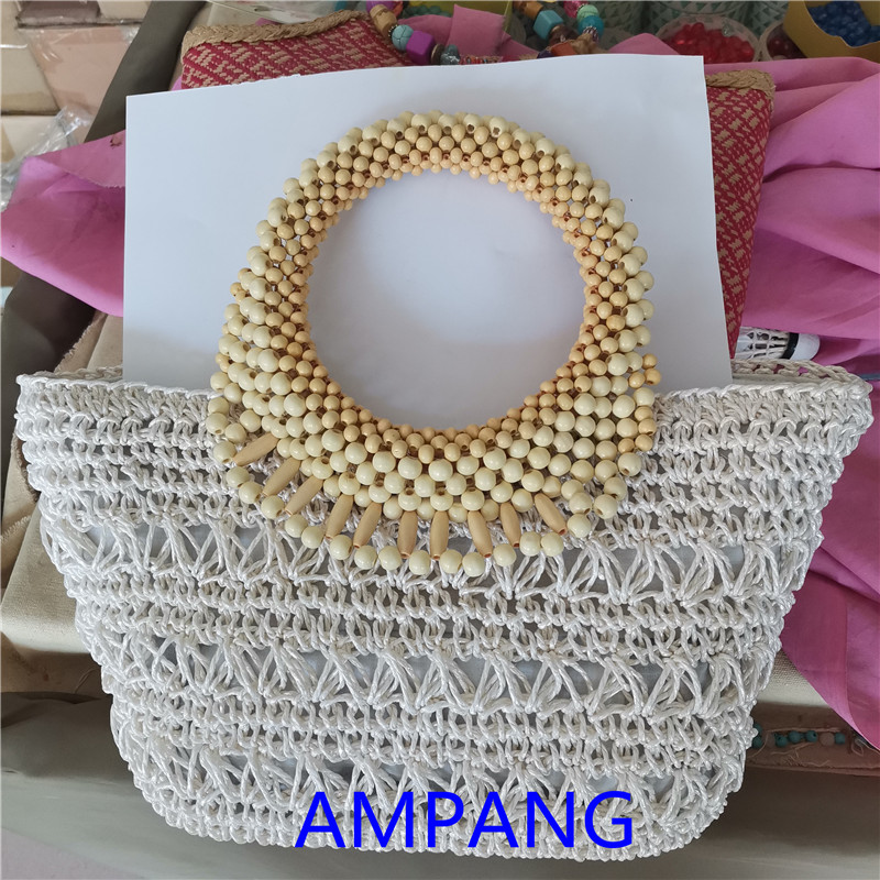 papaer woven bag with wood beads handles