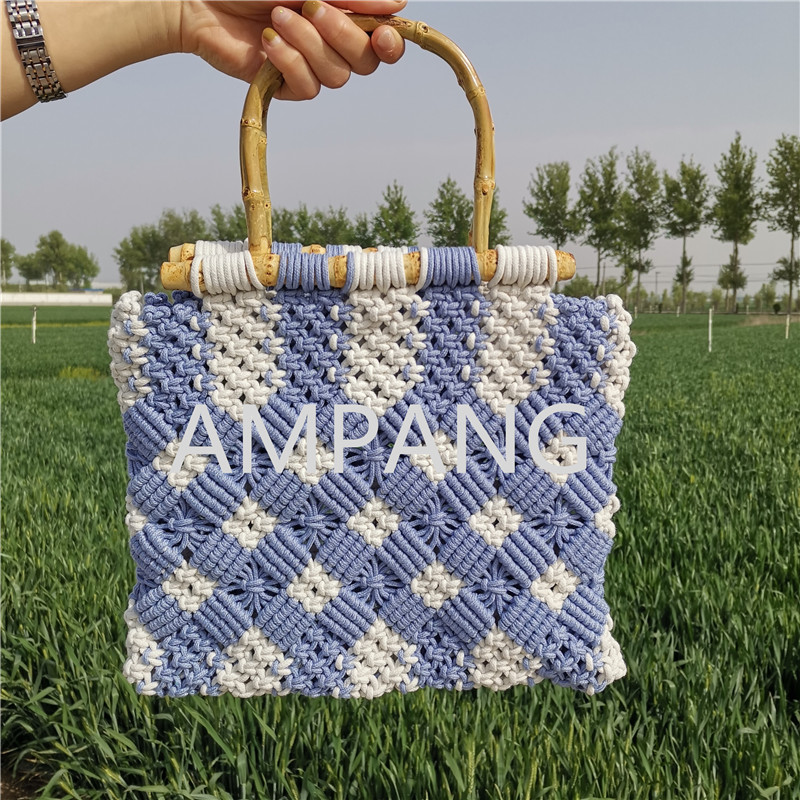 cotton rope woven bag with bamboo handle