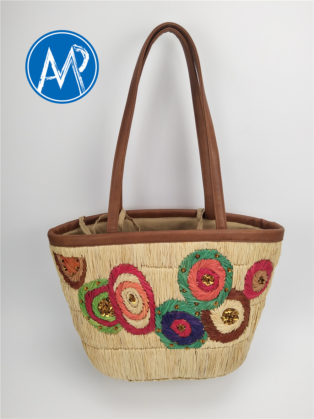 wheat woven bag with raffia embroidery